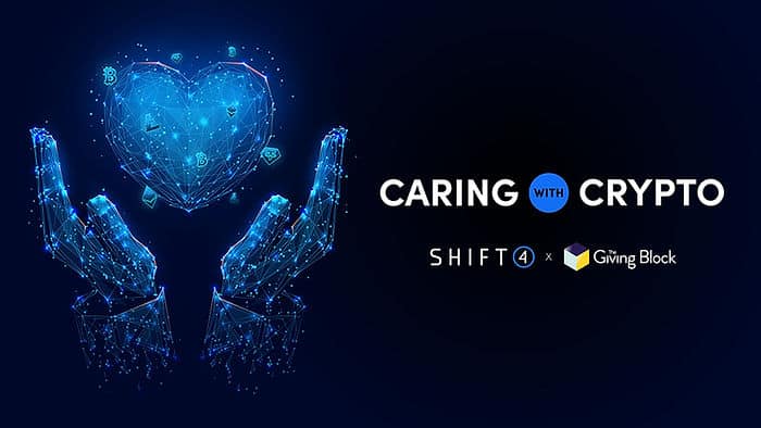 #CaringWithCrypto hands and heart blue on black background
