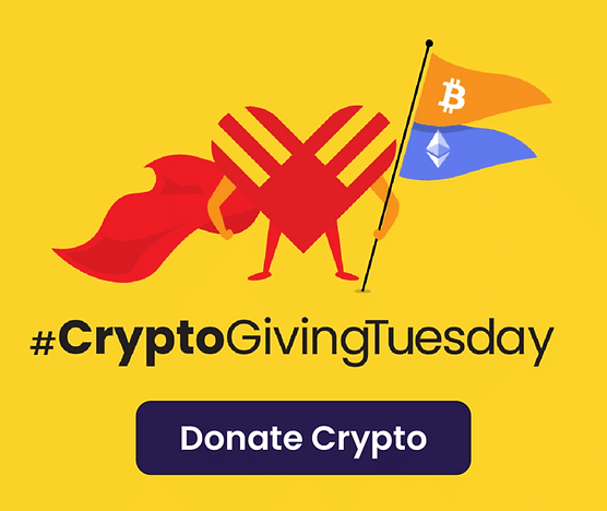 A yellow bos with art work about CryptoGivingTuesday