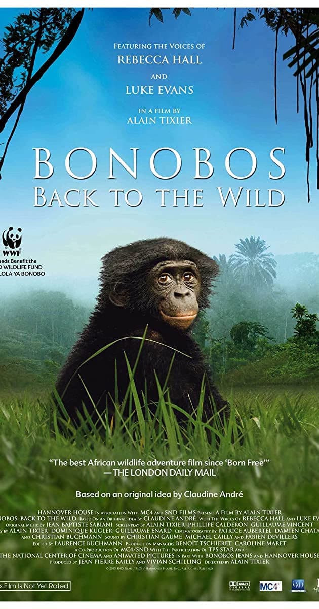 Young bonobo sits in grassy forest, under blue sky. Text: "Bonobos: Back to the Wild." Voices by Rebecca Hall and Luke Evans Film by Alain Tixier.