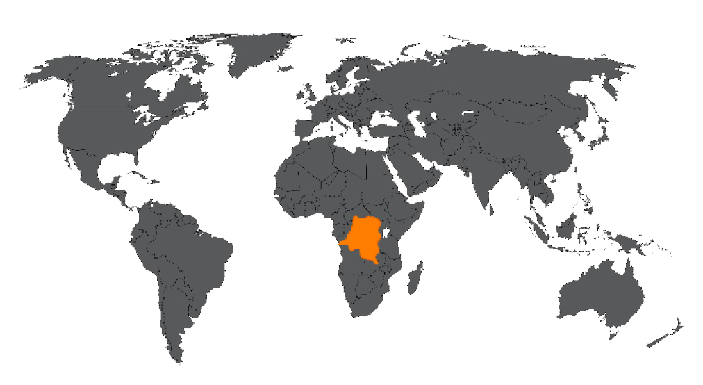 World map highlighting the map of DR Congo in orange