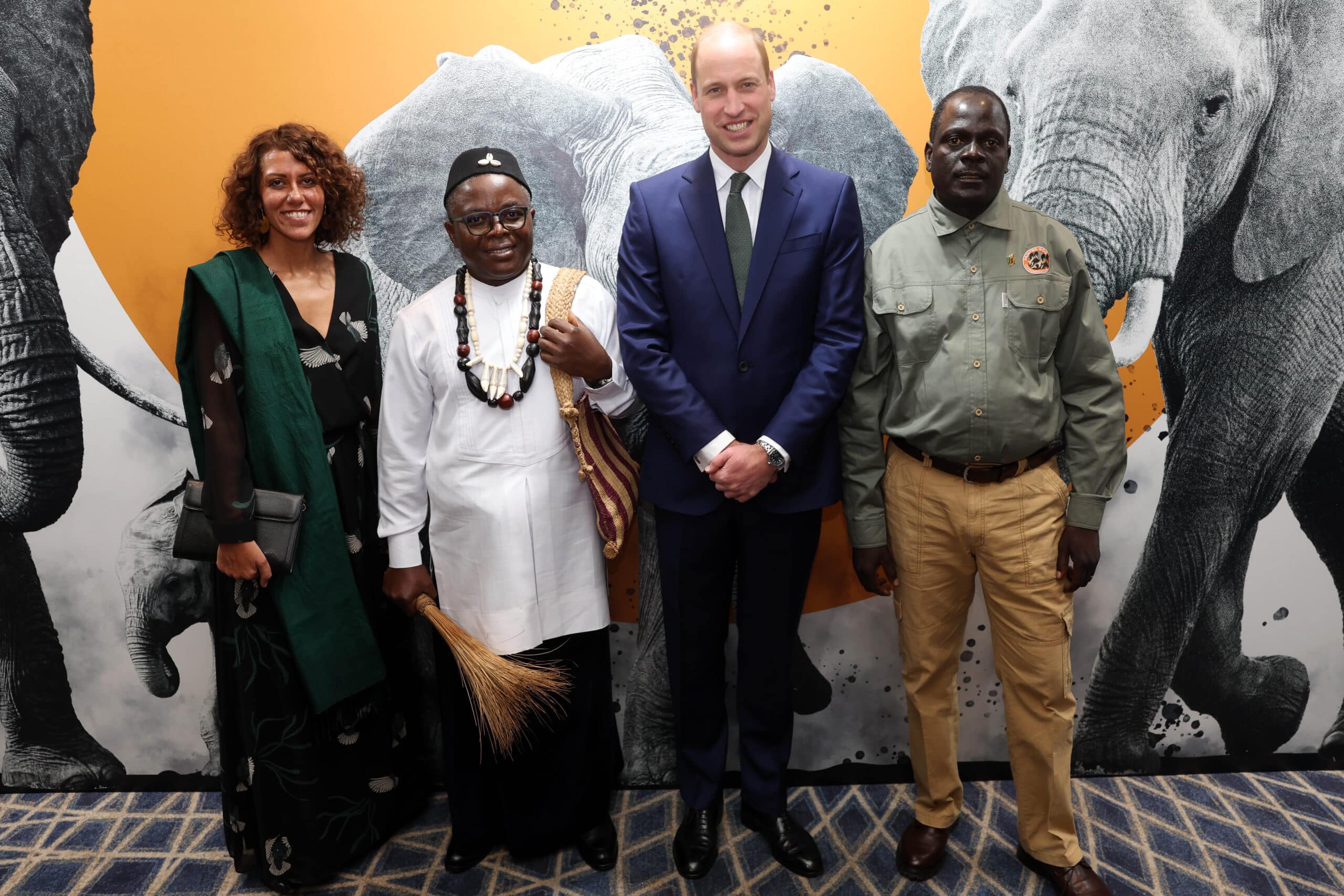 2023 Tusk Conservation Award winners (from left) Fanny Minesi, Ekwobe Abwe, and Jealous Mpofu with Prince William, center.