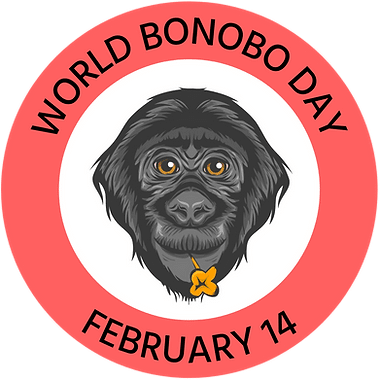 Bonobo illustration with a flower in its mouth inside a red circle. Text reads "World Bonobo Day, February 14."