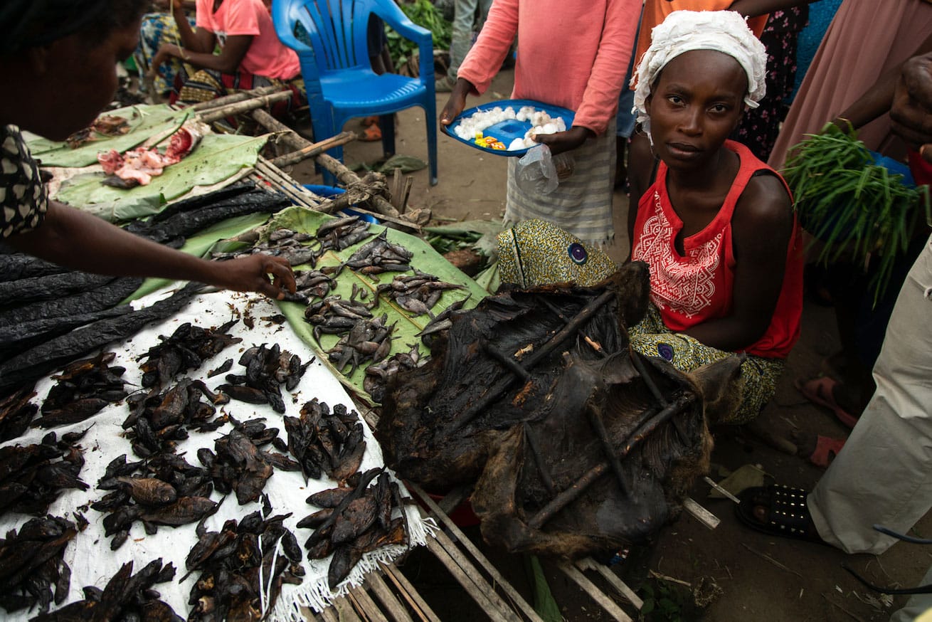 A woman vendor selling bushmeat in the market