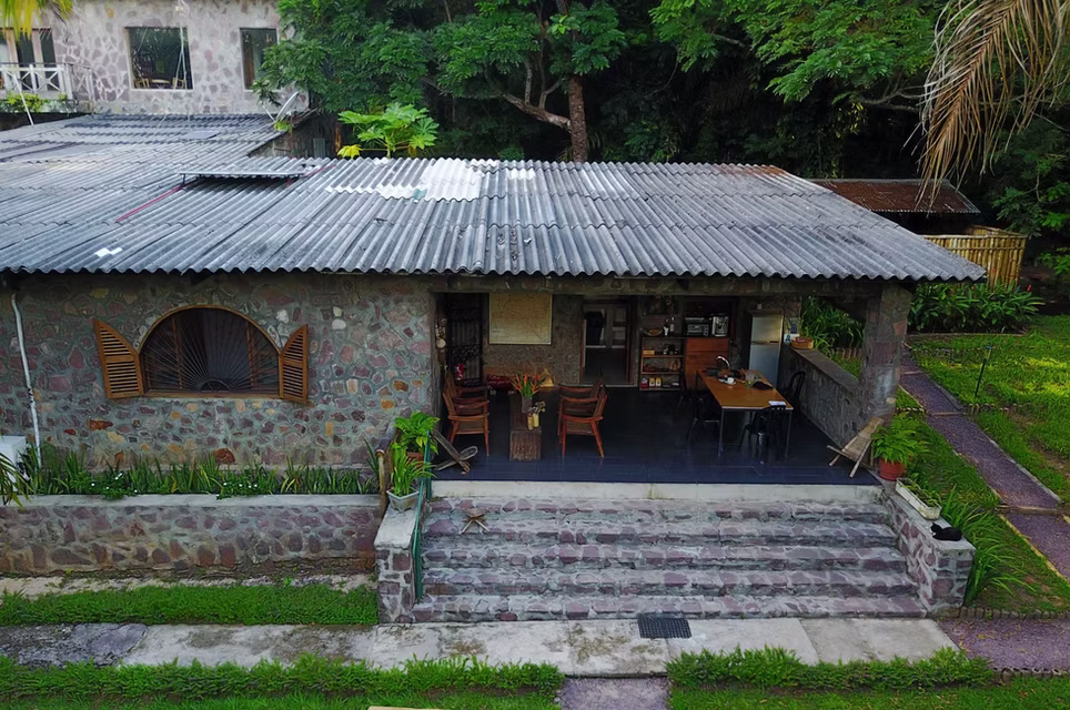 Aerial view of an eco-lodge at Lola ya Bonobo sanctuary.