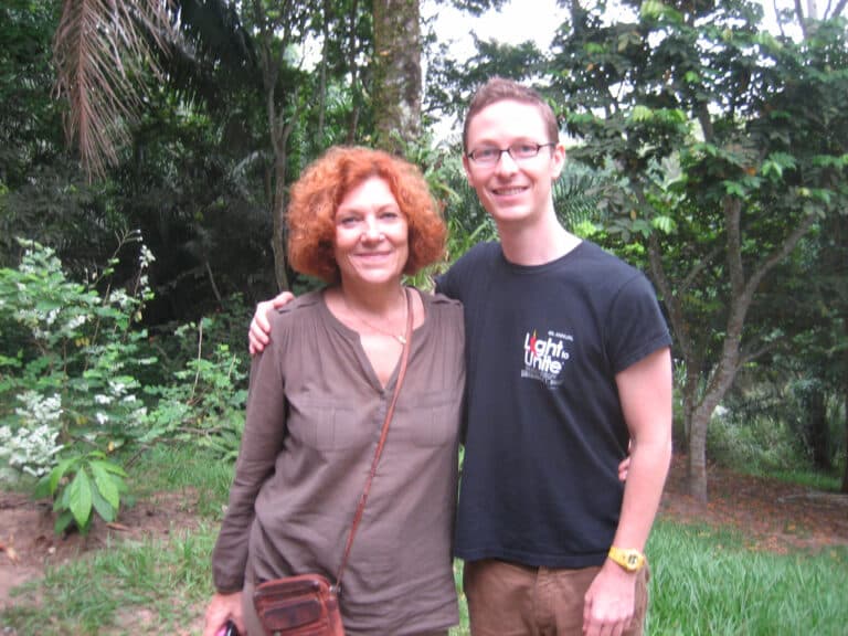 Author Eliot Schrefer with Lola ya Bonobo sanctuary founder Claudine Andre.